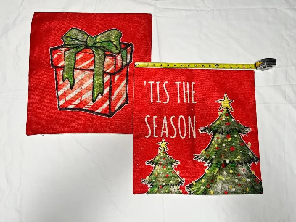 Set of 2 Christmas Throw Pillow Covers 18x18 Red Vintage-Style Gift Tree Zipper